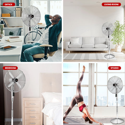 Milex 45cm Pedestal Fan in various indoor settings including office, living room, bedroom, and studio.