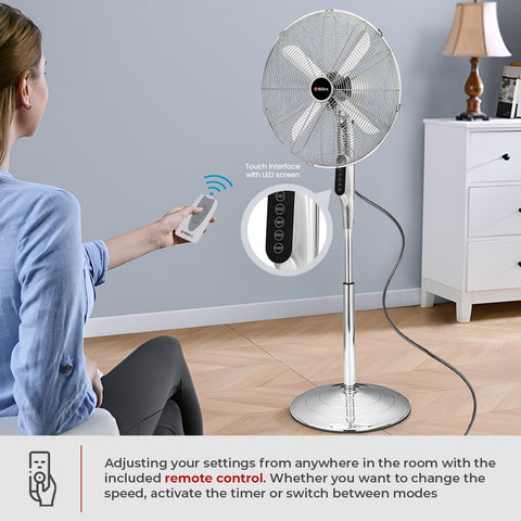 Person using a remote control to adjust the Milex 45cm Pedestal Fan in a room.