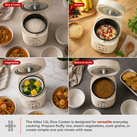 A 2x2 collage showing a white MILEX 1.2L Rice Cooker in different cooking modes: Rice & Pasta, Grains, Vegetables, and Beans & Lentils, with food dishes and bowls arranged around it.