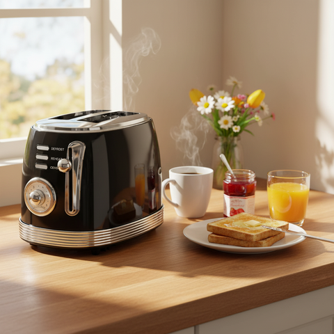 Black toaster on a wooden table with a plate of toast, cup of coffee, and glass of orange juice.
