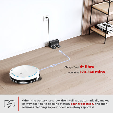 Intellivac 3-in-1 Robot Vacuum Cleaner on a wooden floor with charging cable and text about charging and working times.