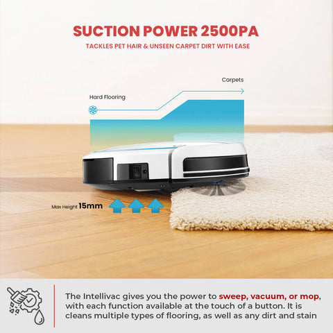 Intellivac 3-in-1 Robot Vacuum Cleaner cleaning a carpet with text highlighting suction power and cleaning capabilities.