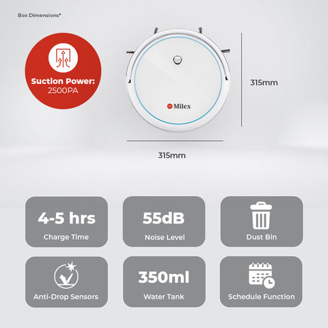 Miele robot vacuum cleaner with specifications on a gray background