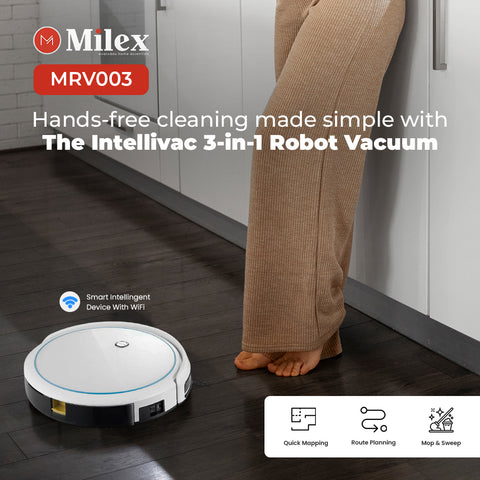 Milex Intellivac 3-in-1 Robot Vacuum cleaning a floor with text highlighting features.
