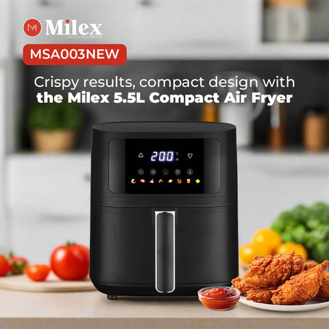 Milex 5.5L Compact Air Fryer on a kitchen counter with food and vegetables in the background