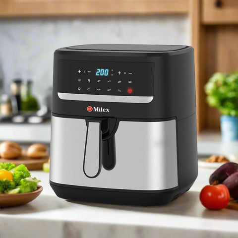 Milex air fryer on a kitchen counter with vegetables in the background