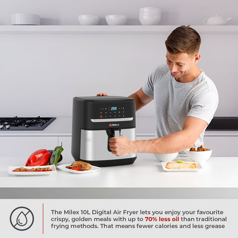 Man using a Milex 10L Digital Air Fryer in a kitchen setting