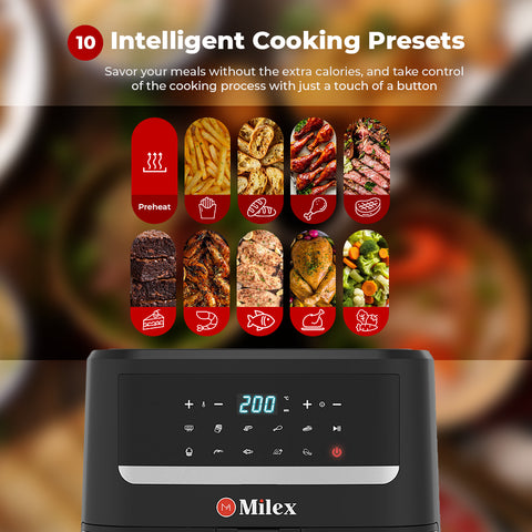 Milex cooking appliance with digital display and preset icons for different meals on a blurred food background.