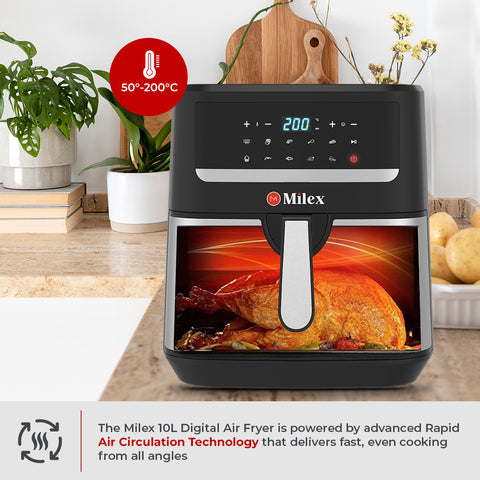 Milex 10L Digital Air Fryer on a kitchen counter with a digital display and cooking basket.