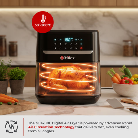 Milex 10L Digital Air Fryer with a roasted chicken inside, set against a kitchen background.