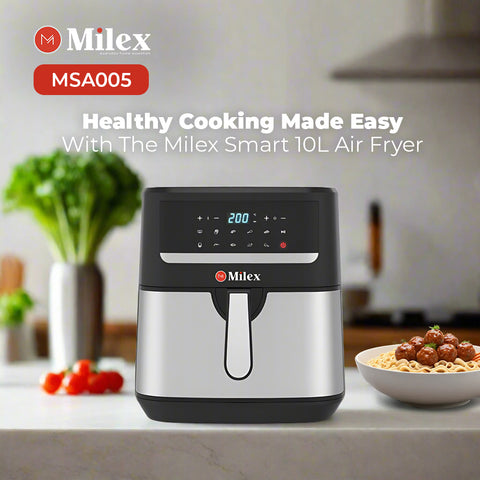 Milex smart air fryer on a kitchen counter with healthy food options in the background