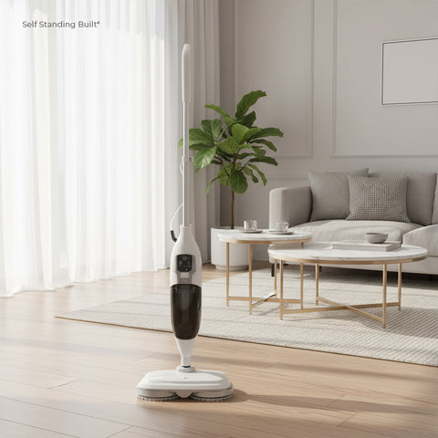 Modern living room with a STEAM MOP on a wooden floor.