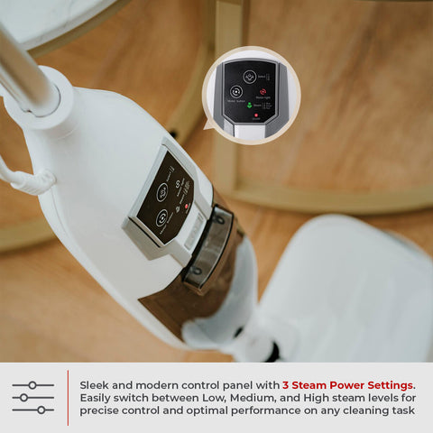 White steam cleaner with control panel on a wooden floor