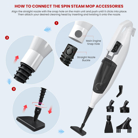 Instructions on how to connect spin steam mop accessories with a white mop and various attachments on a light blue background.