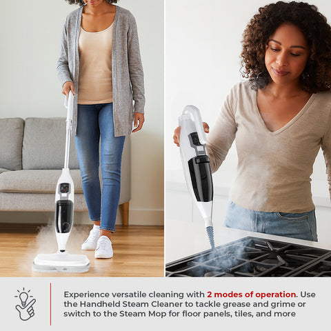 Woman using a handheld steam cleaner and steam mop in a home setting.