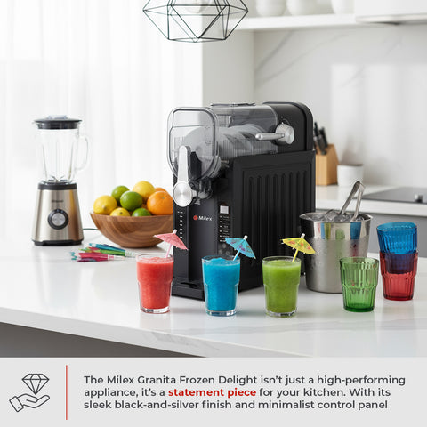 Milex Granita Frozen Delight ice cream maker on a kitchen counter with colorful drinks and fruits.