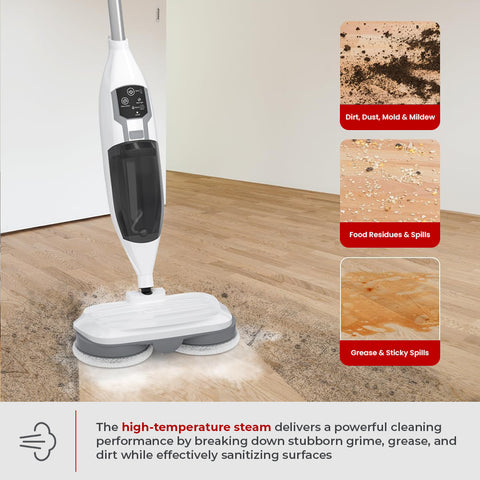 Floor cleaning device on a wooden floor with dirt and grime illustrations.