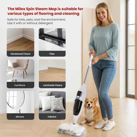 Woman using a Milex spin steam mop with a dog on a wooden floor, featuring text about its suitability for various flooring types.