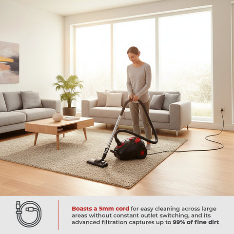 Woman using a vacuum cleaner in a living room with text about its features.