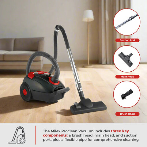 Milex Proclean Vacuum cleaner with attachments on a wooden floor in a living room setting.