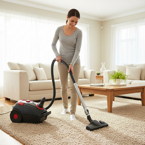 Woman using a vacuum cleaner in a living room