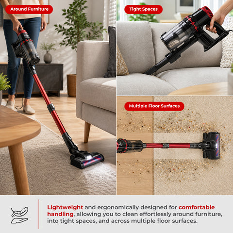 A 3-panel collage showing a stick vacuum cleaner in use. The top-left panel shows a person vacuuming around furniture in a living room, labeled 'Around Furniture'.