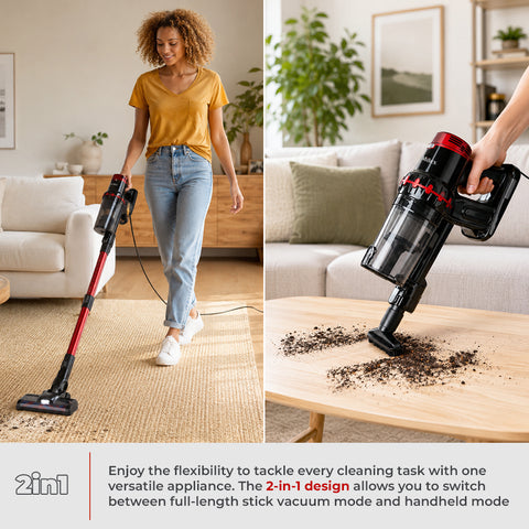 A 2-in-1 cordless stick vacuum cleaner shown in a bright living room, with a woman using it on a carpet and a close-up of a hand holding the handheld attachment above a wooden table. The vacuum has a black and red design with a clear dust bin.