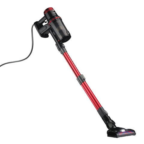 A cordless stick vacuum cleaner with a red and black design, featuring a long flexible wand and a floor head, shown against a plain white background.