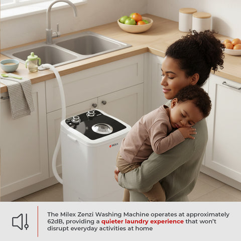 Woman holding a child next to a compact washing machine in a kitchen.