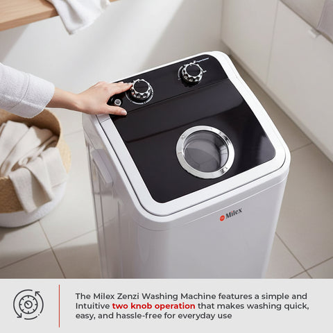 Milex ZENZI washing machine with a hand adjusting the knobs in a laundry room.