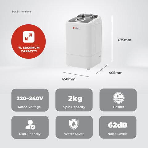 Washing machine with specifications on a white background