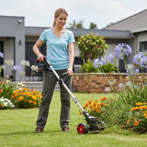 Woman using a lawn mower in a garden with flowers and a house in the background