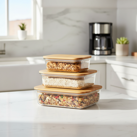 Milex 3pcs Bamboo Lid Glass Container Set | Colours May Vary