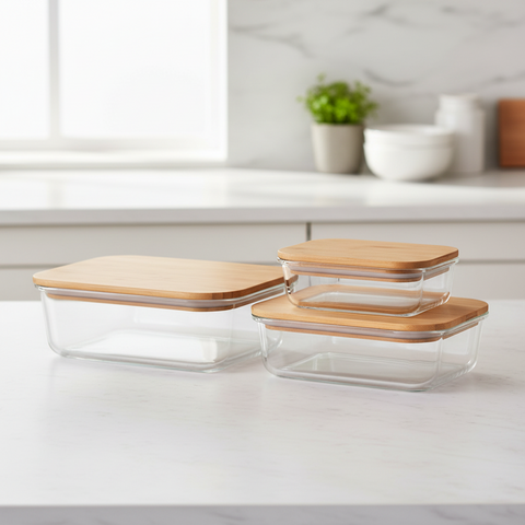 Milex 3pcs Bamboo Lid Glass Container Set | Colours May Vary