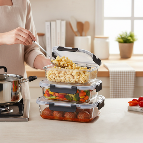 Person preparing food in a kitchen with glass food storage containers.