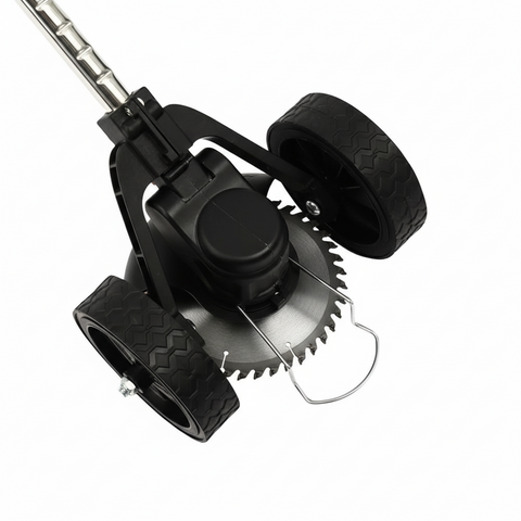 Close-up of a black lawn mower tool on a white background