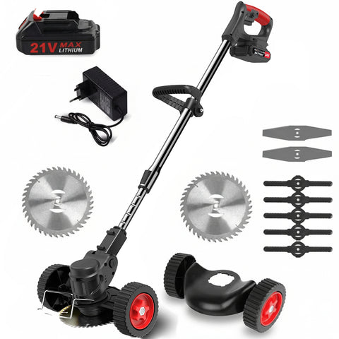 Gardening tool set with grass trimmer, battery pack, and additional blades on a white background