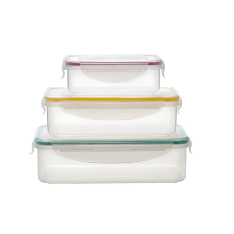 Set of three clear silicone food storage containers with coloured seals on a white background