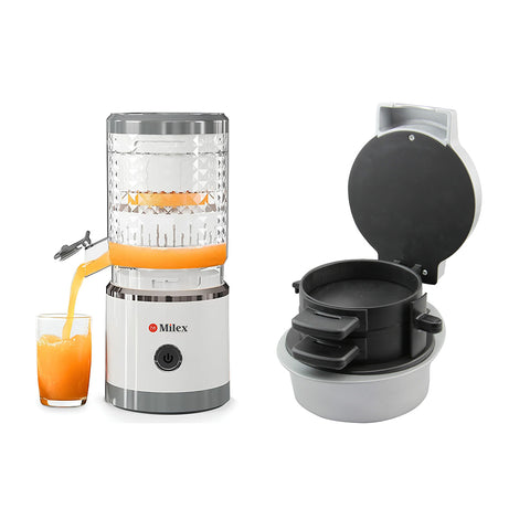 Milex juicer with a glass of orange juice and the Milex Breakfast Maker on a white background