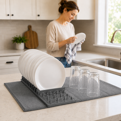 Milex Drying Rack & Mat – 2-in-1 Dish Drying Rack with Super-Absorbent Microfiber Mat
