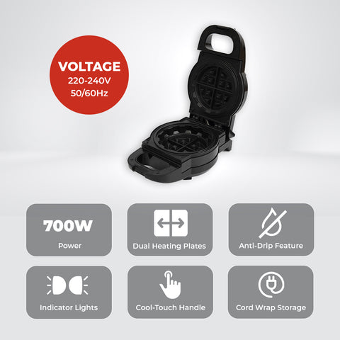 Black waffle maker with features listed on a gray background