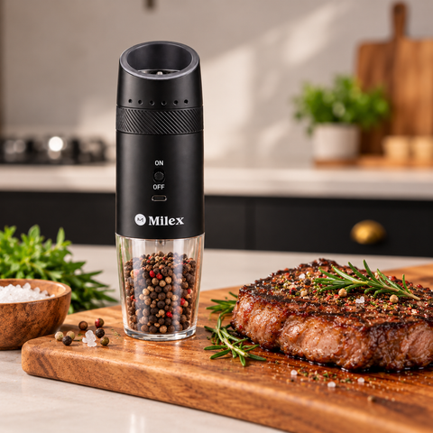 A black Milex electric pepper mill filled with whole peppercorns stands on a wooden cutting board next to a cooked steak with rosemary in a modern kitchen setting.
