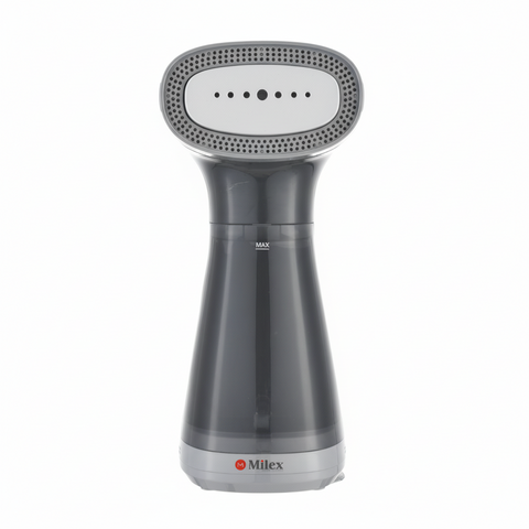 Gray handheld steamer with 'Milex' branding on a white background