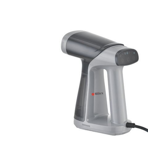 Gray handheld steamer with 'Milex' branding on a white background