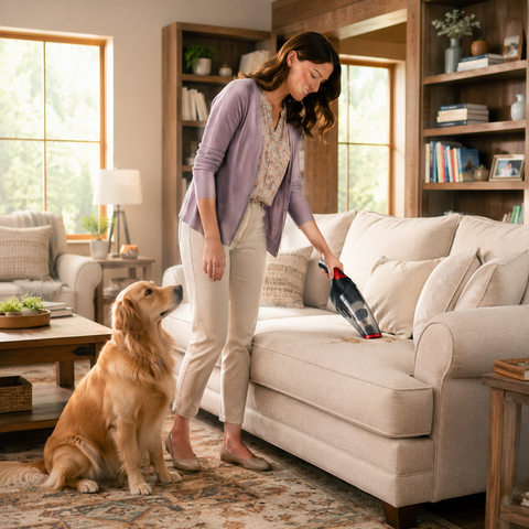 Woman cleaning a beige sofa with a dog sitting nearby in a cozy living room.