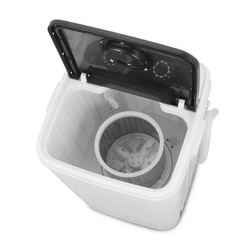 Small white portable washing machine with open lid on a white background