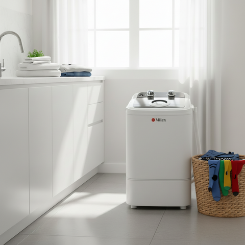 White Milex washing machine in a bright laundry room with a basket of clothes.