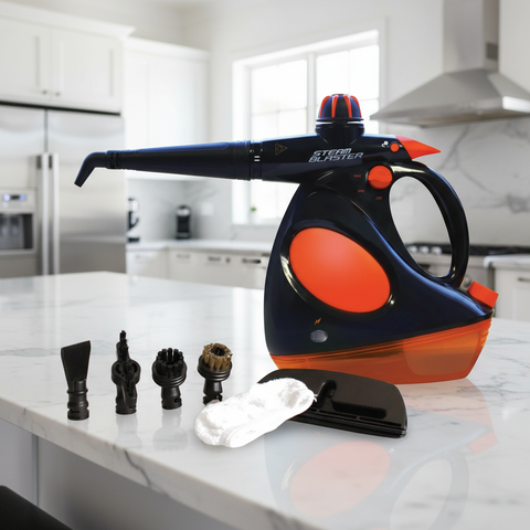 Handheld steam cleaner with attachments on a kitchen counter