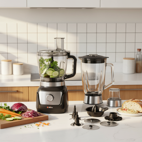 A countertop Milex food processor and blender set displayed in a bright kitchen setting, with vegetables, a cutting board, and bread on the counter. The products are black and silver with clear glass jars and lids.