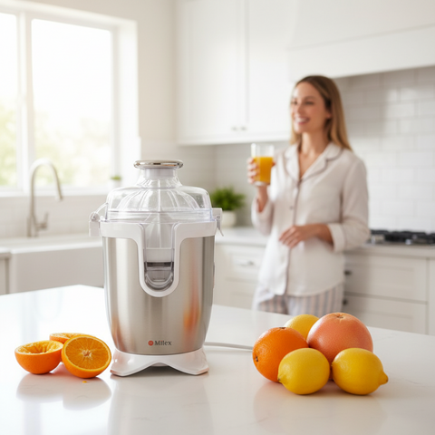 Stainless steel juicer on a kitchen counter with fruits and a woman in the background